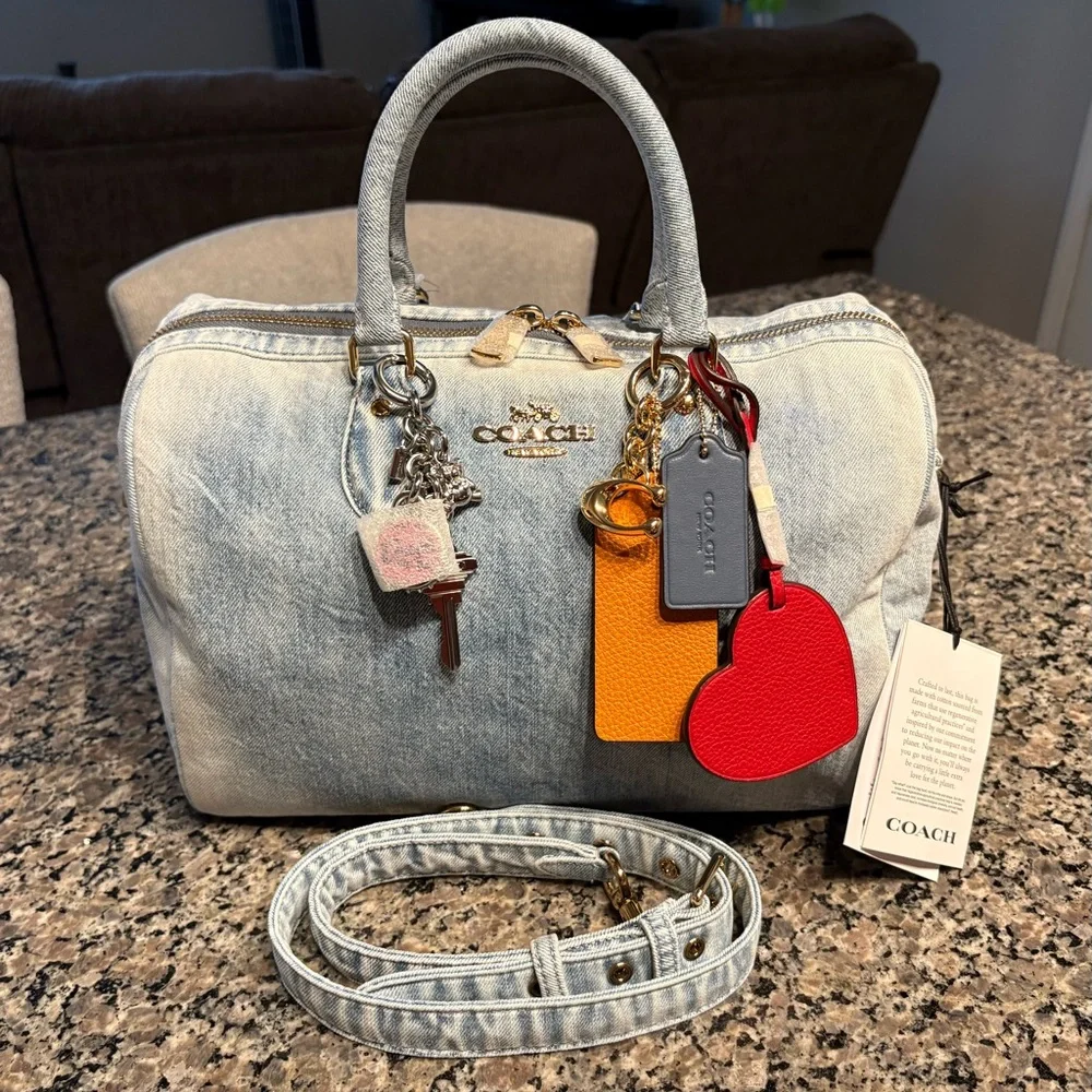 COACH ROWAN LARGE SATCHEL DENIM BAG WITH CHARMS (FREE DENIM WALLET INCLUDED) - Picture 2 of 14